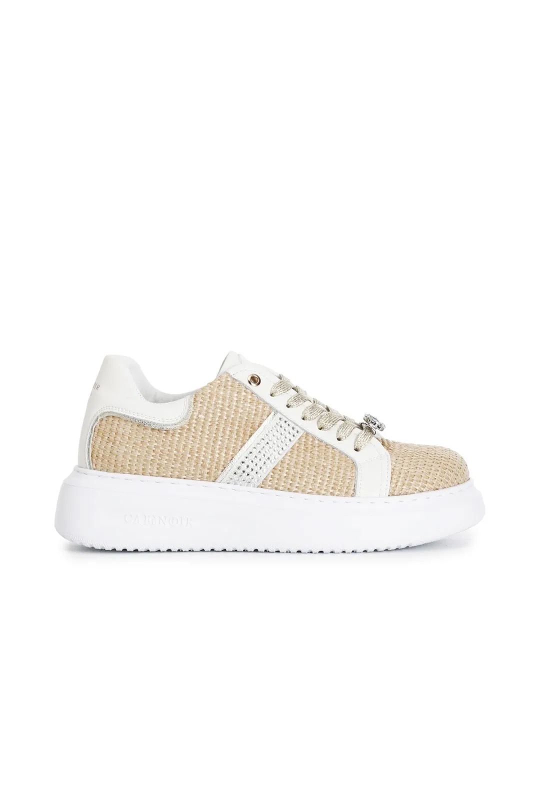 sneakers in rafia con strass laterali e accessori gioiello removibili beige