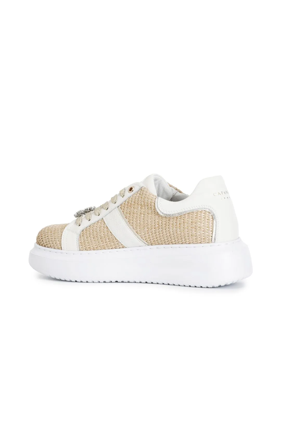 sneakers in rafia con strass laterali e accessori gioiello removibili beige