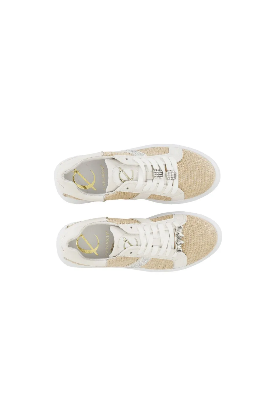 sneakers in rafia con strass laterali e accessori gioiello removibili beige
