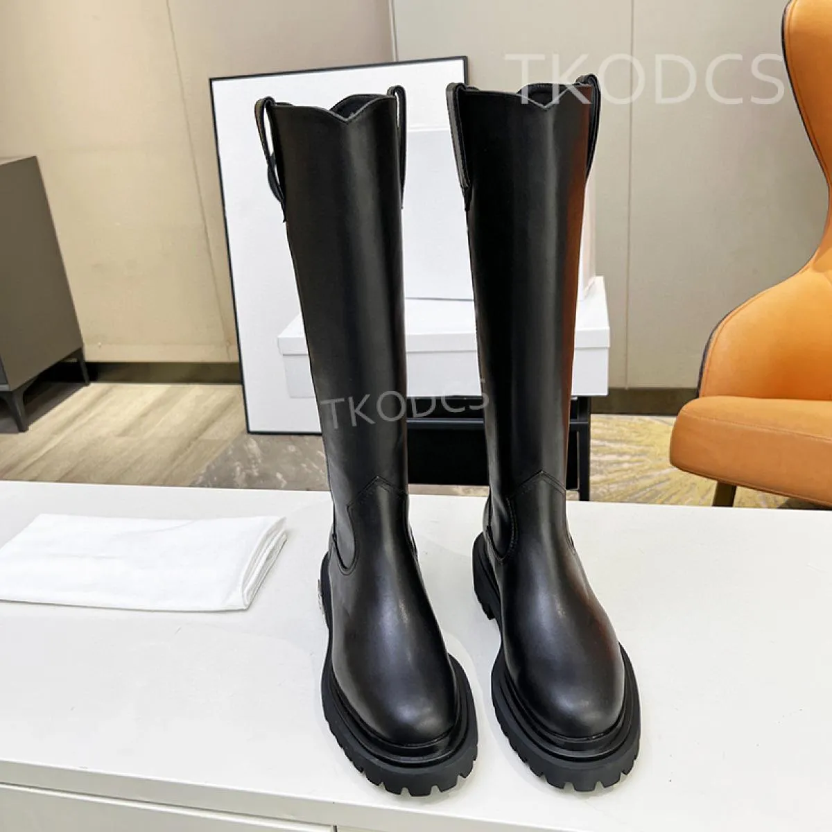 Stivali alti al ginocchio da donna firmati Zapatillas Mujer Punta tonda Tacco grosso Stivali da cavaliere in vera pelle Fondo sp