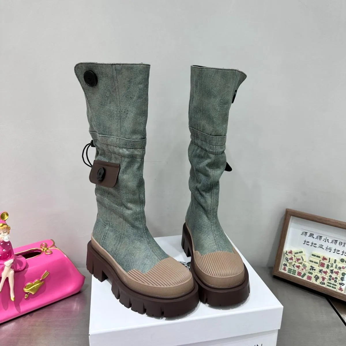 Stivali di jeans da moto a metà polpaccio Stivali da donna punk retrò con plateau grosso Stivali lunghi da donna Slip on Tacchi