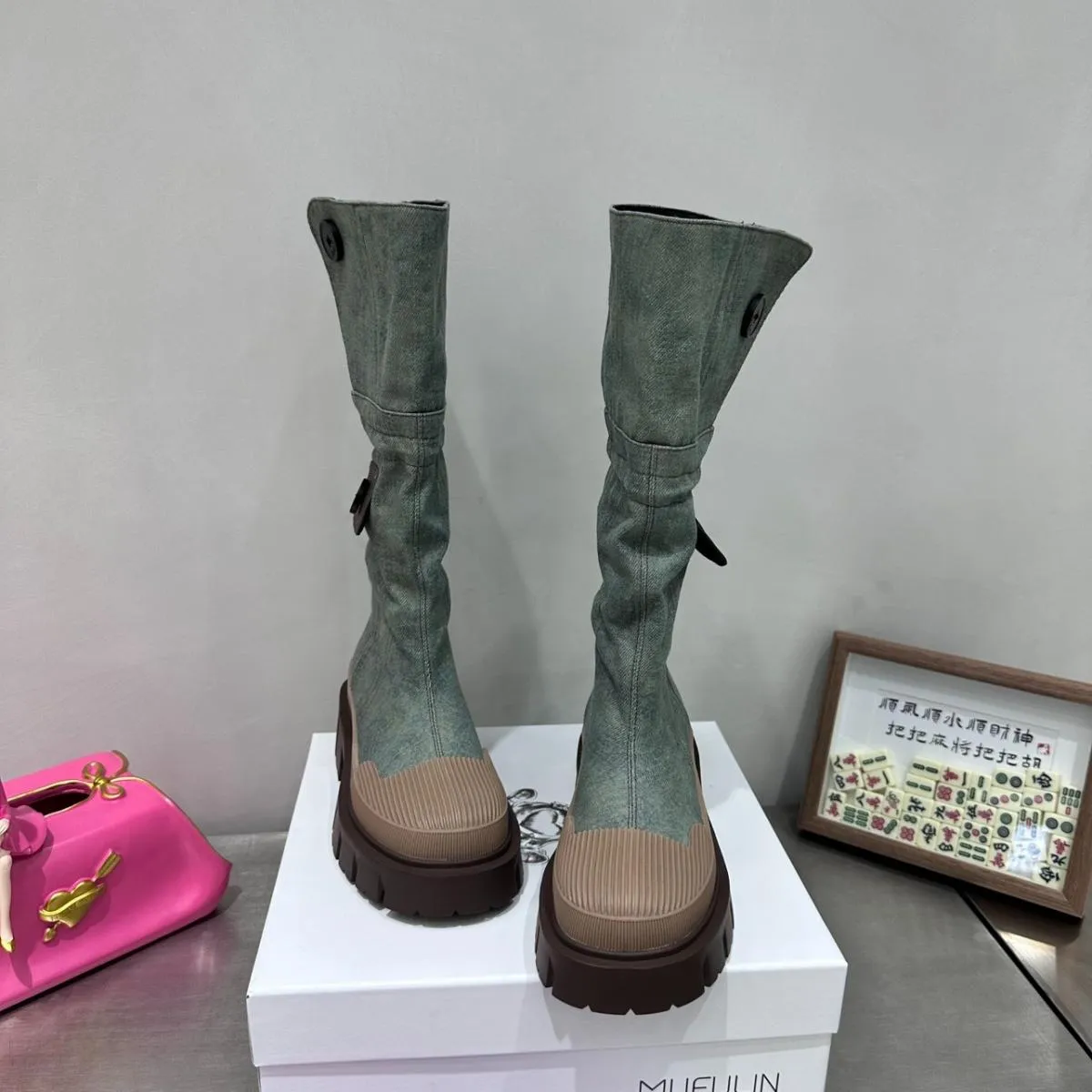 Stivali di jeans da moto a metà polpaccio Stivali da donna punk retrò con plateau grosso Stivali lunghi da donna Slip on Tacchi