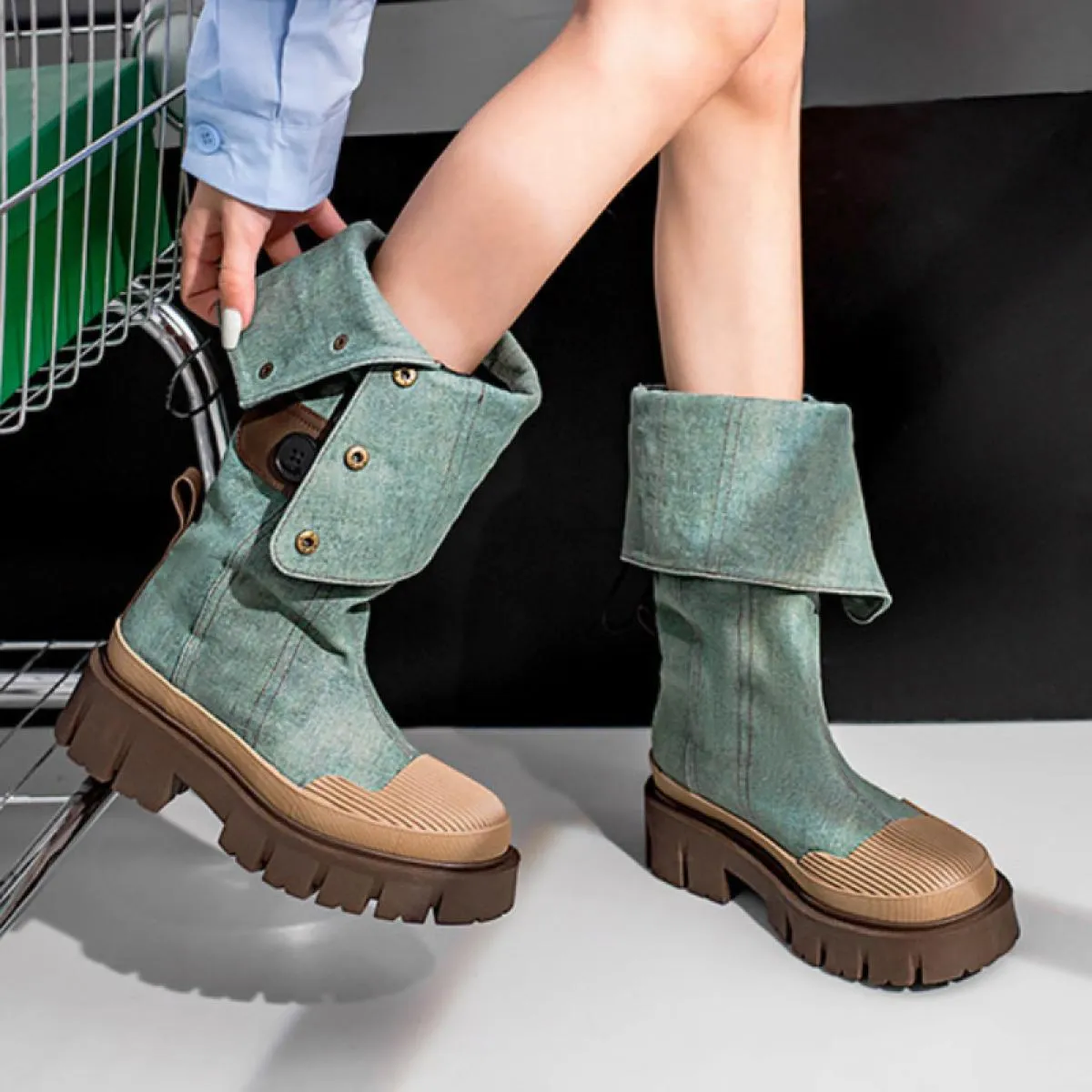 Stivali di jeans da moto a metà polpaccio Stivali da donna punk retrò con plateau grosso Stivali lunghi da donna Slip on Tacchi
