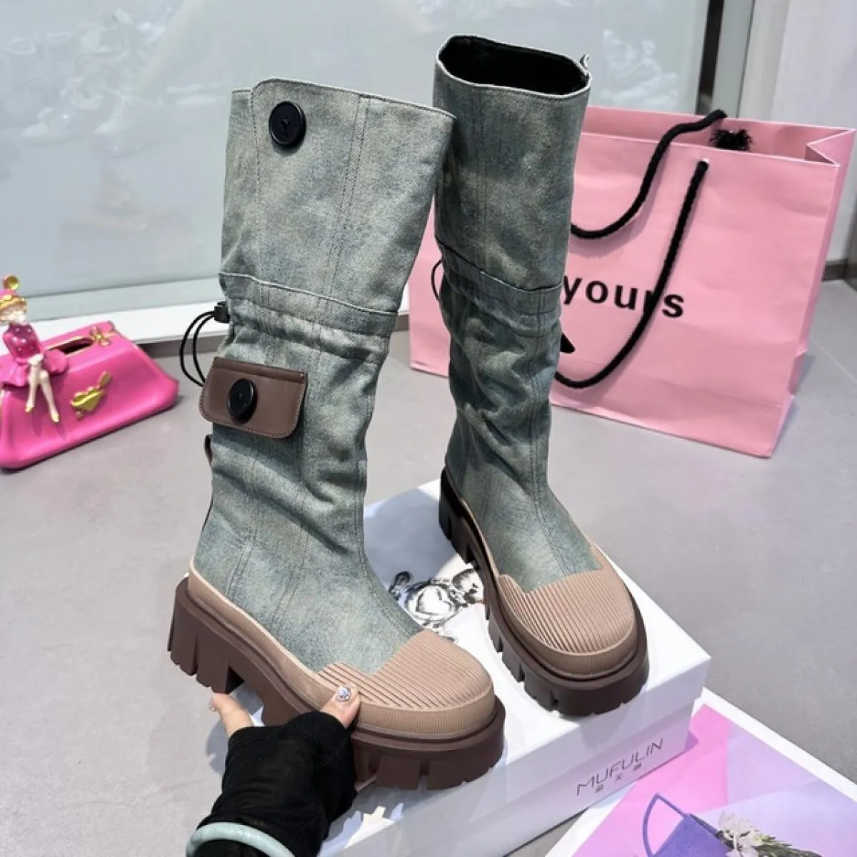 Stivali di jeans da moto a metà polpaccio Stivali da donna punk retrò con plateau grosso Stivali lunghi da donna Slip on Tacchi