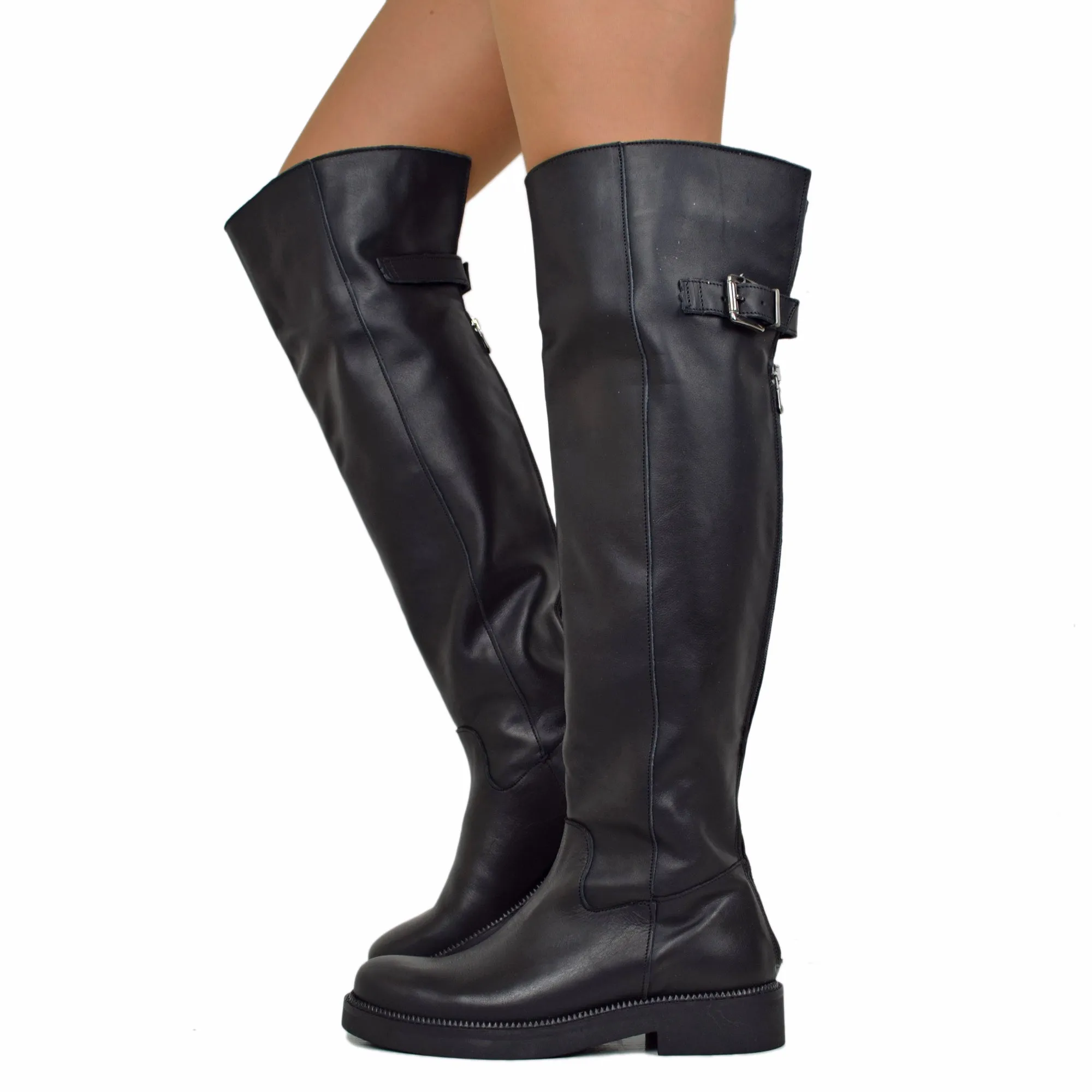 Stivali Donna Overknee con Zip e Fibbia Regolabile Made in Italy