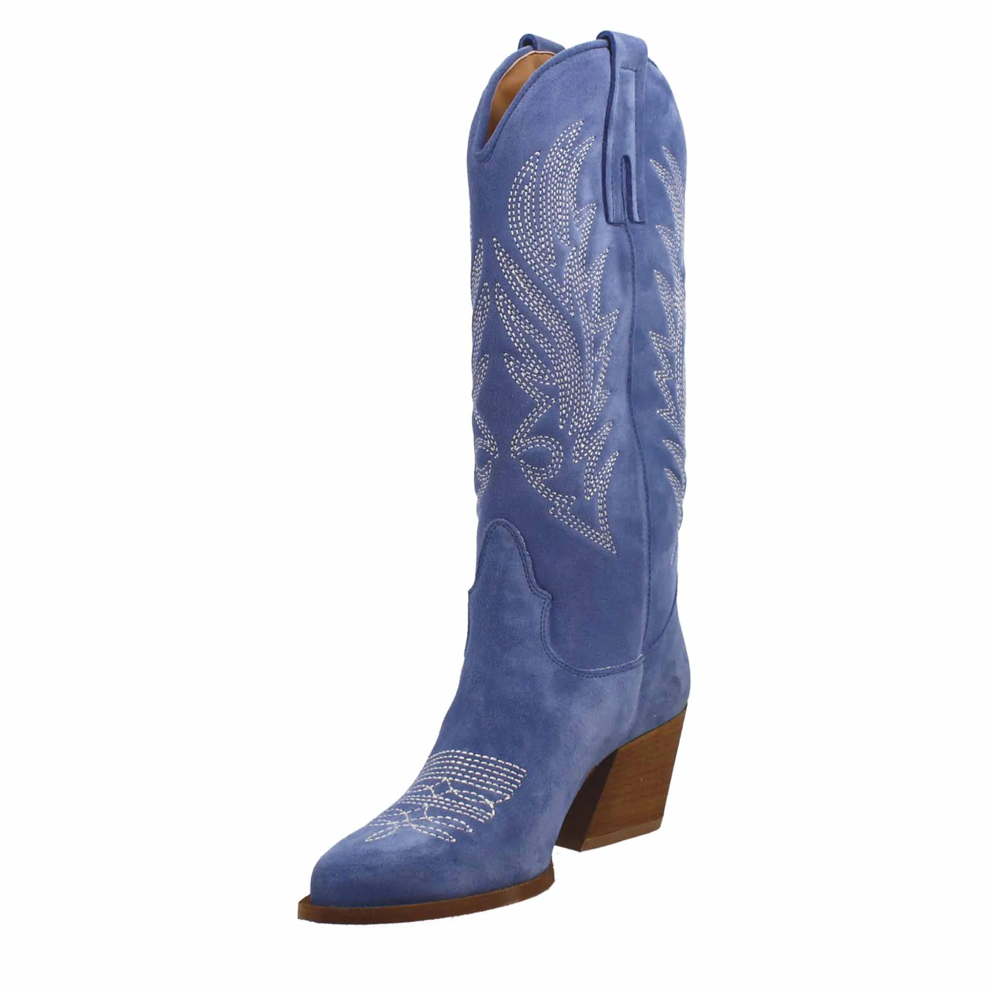 Stivali texani medi da donna in camoscio blu con ricami.