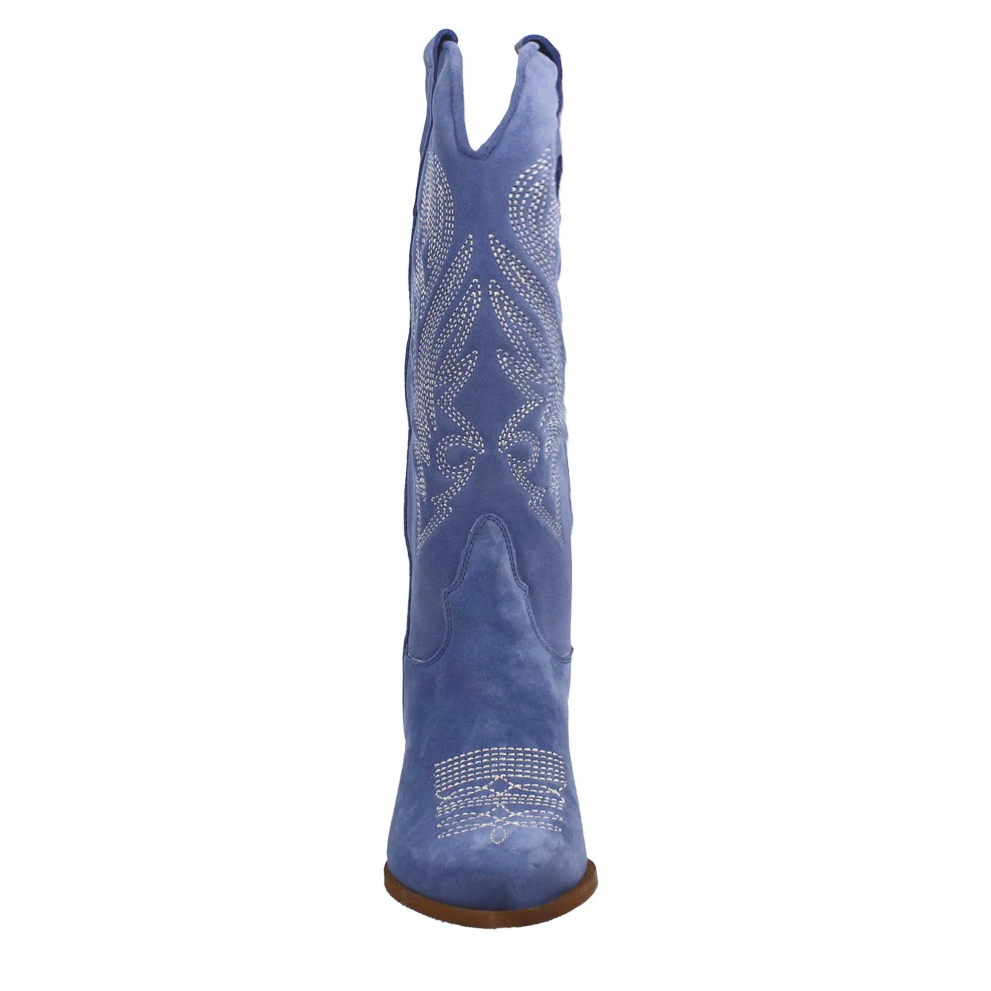 Stivali texani medi da donna in camoscio blu con ricami.