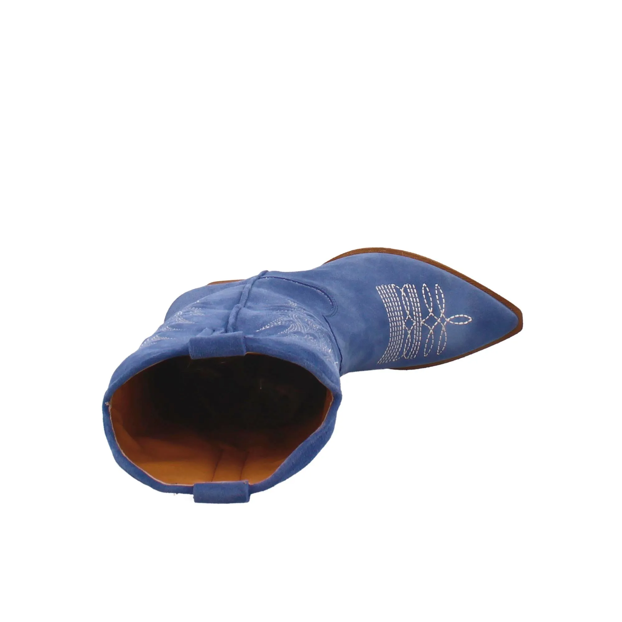 Stivali texani medi da donna in camoscio blu con ricami.