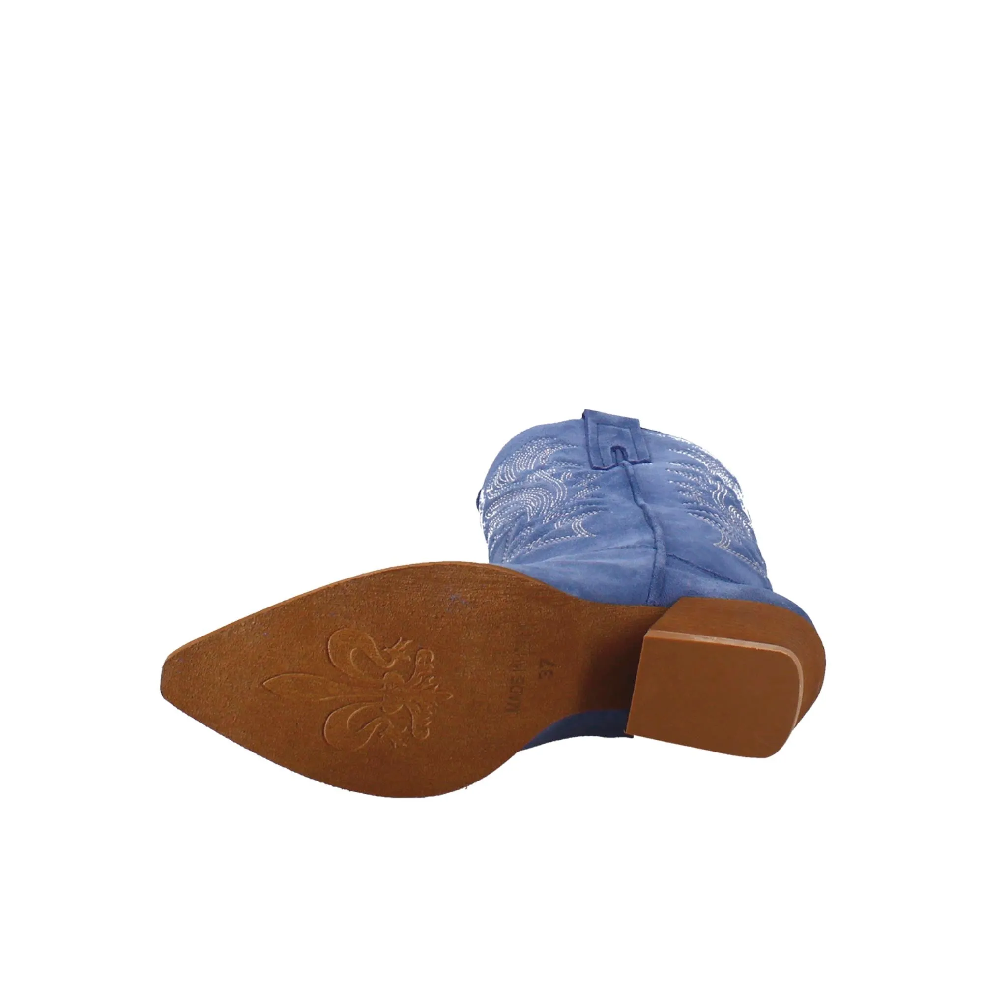 Stivali texani medi da donna in camoscio blu con ricami.