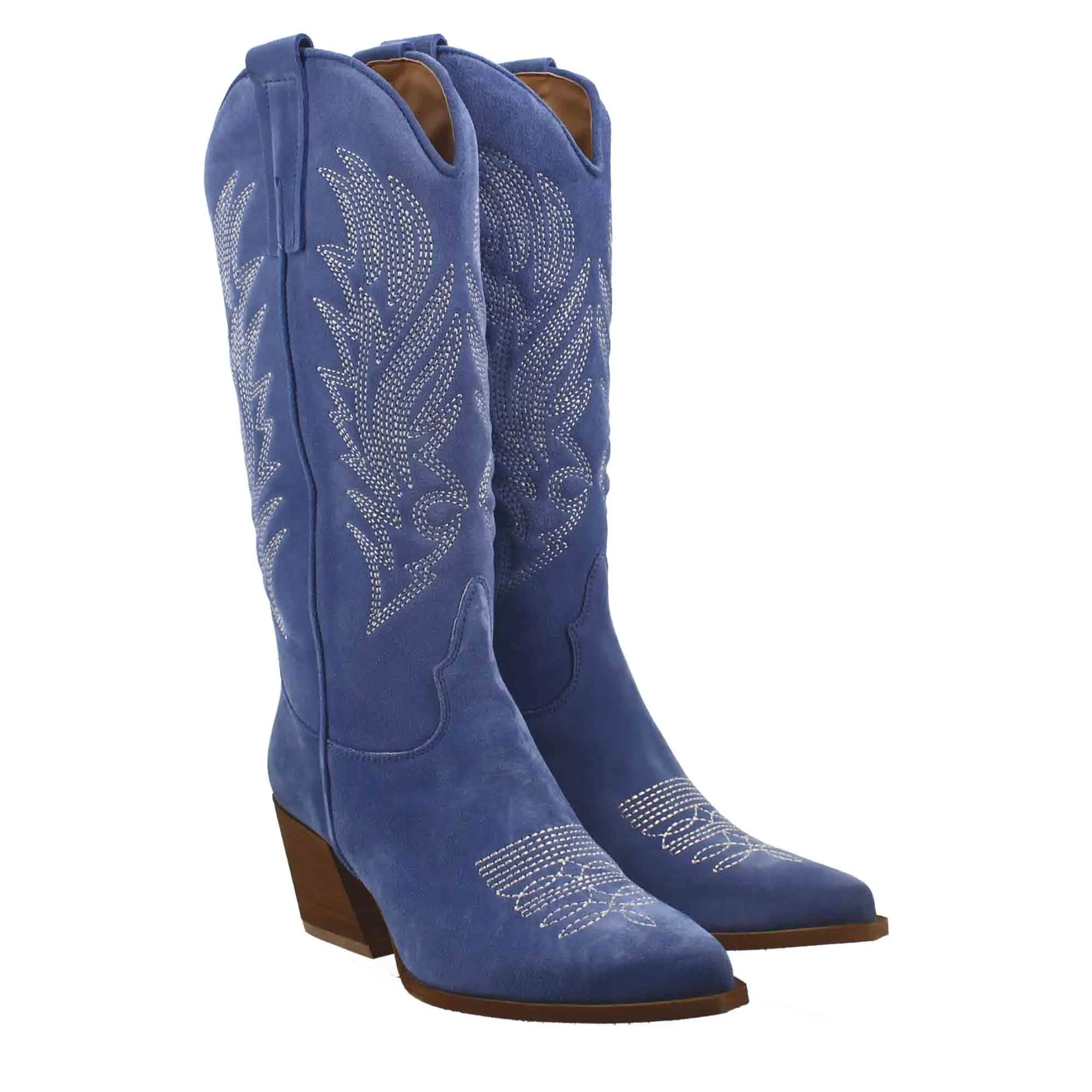 Stivali texani medi da donna in camoscio blu con ricami.