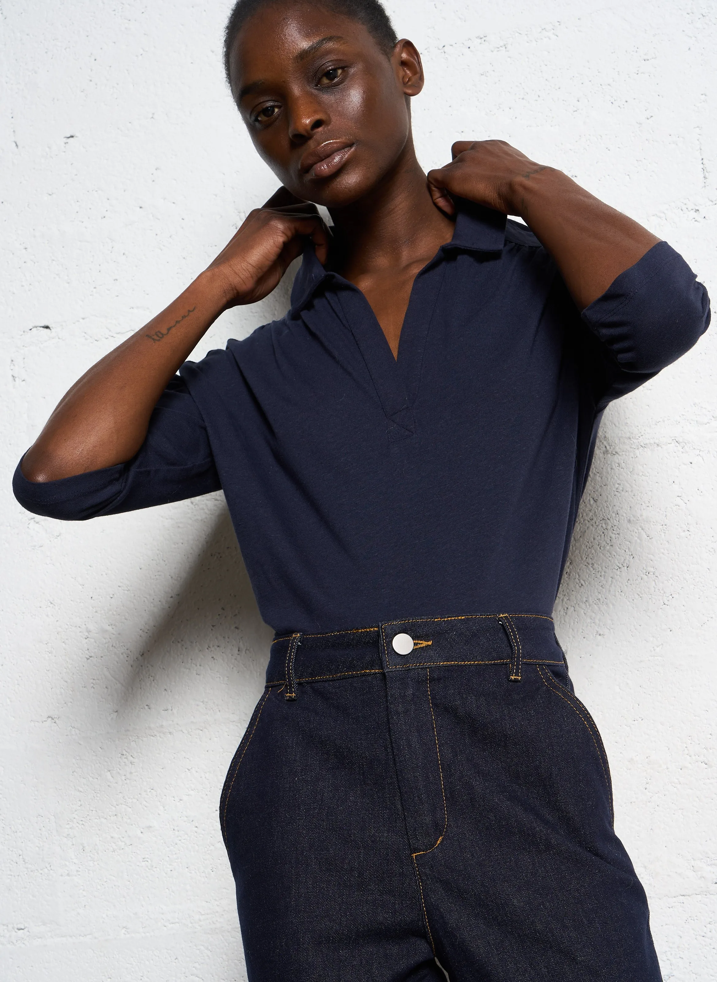  SUD EXPRESS   TONTINE - Maglietta con colletto a polo in misto lino | Blu