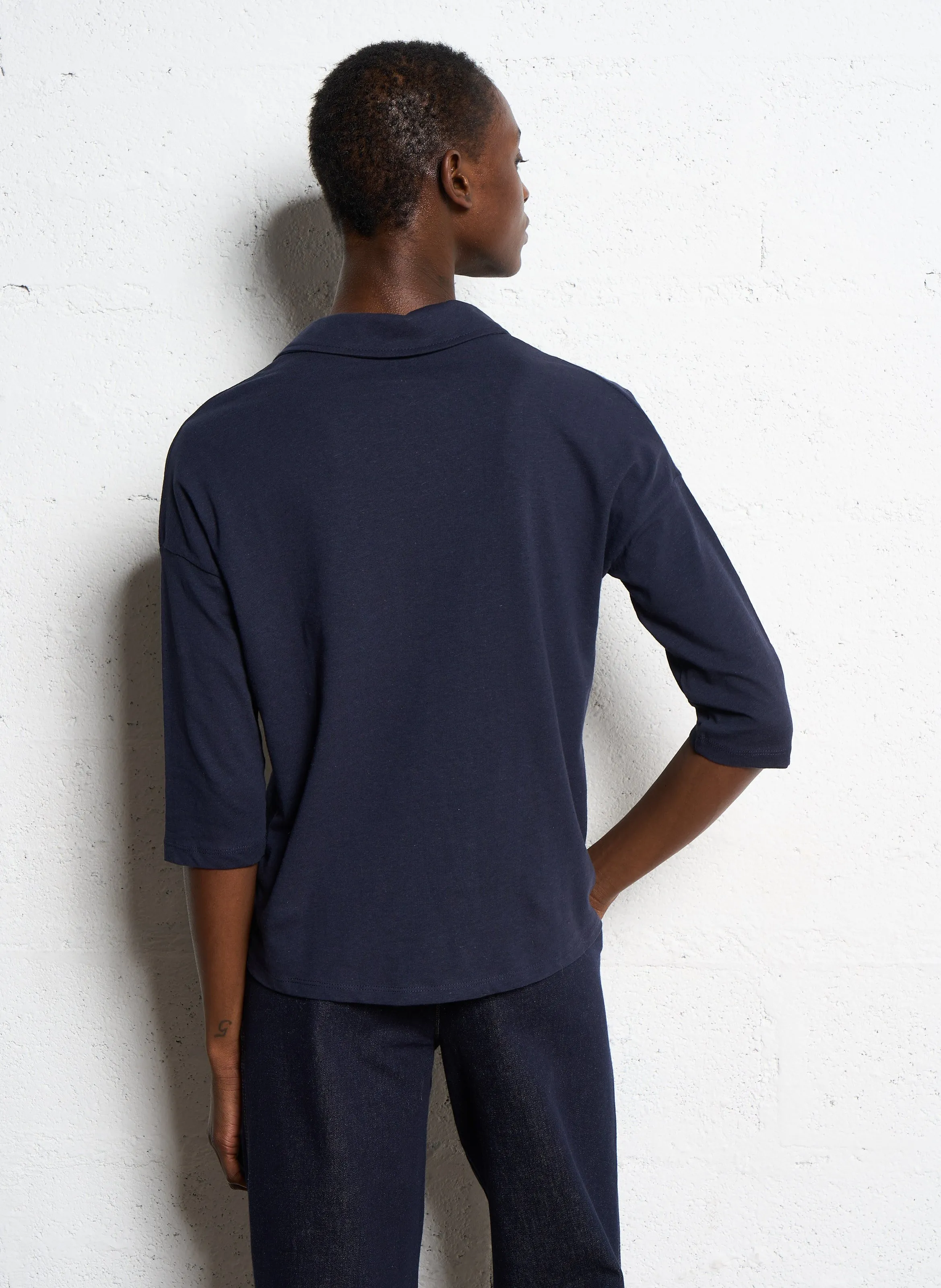  SUD EXPRESS   TONTINE - Maglietta con colletto a polo in misto lino | Blu