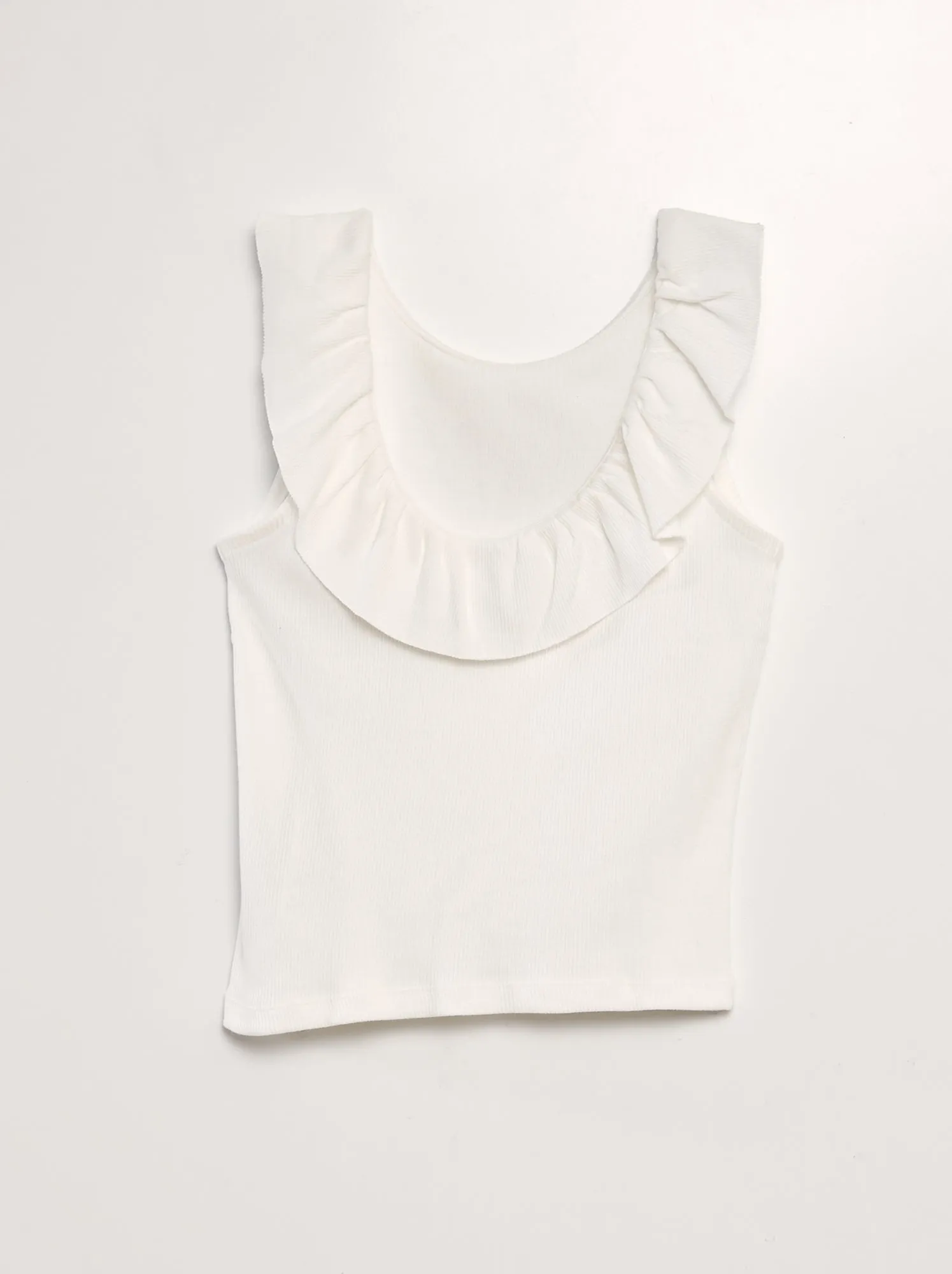 T-shirt senza maniche con collo con volant - BEIGE