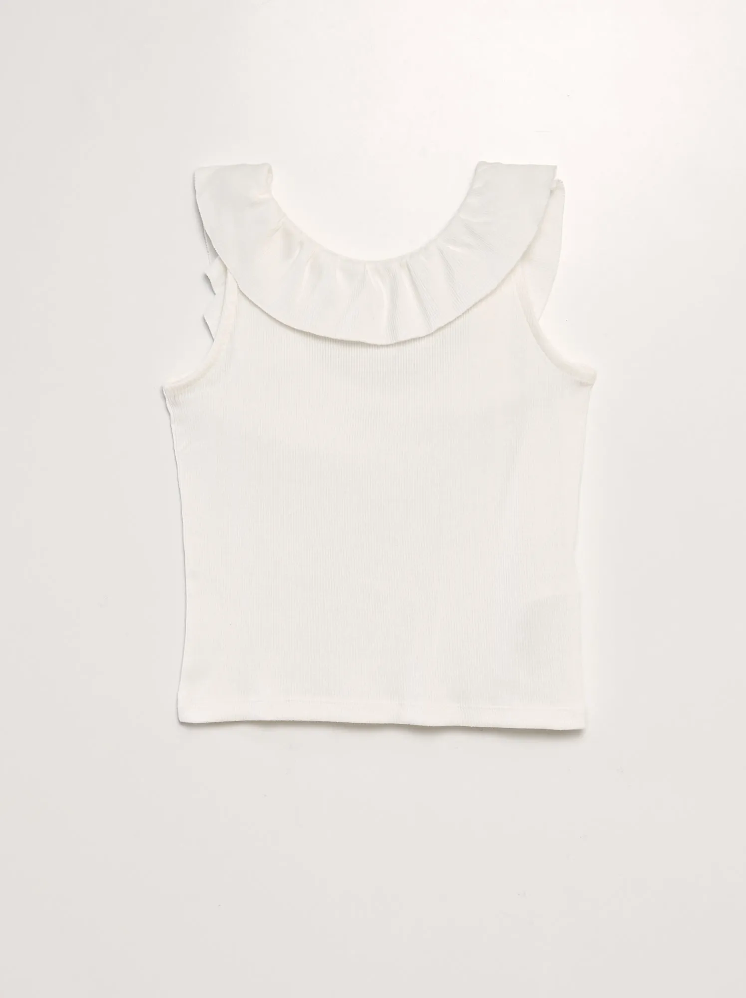 T-shirt senza maniche con collo con volant - BEIGE