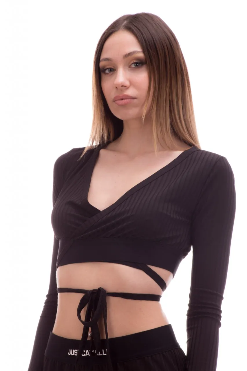 Top a costine con lacci Black