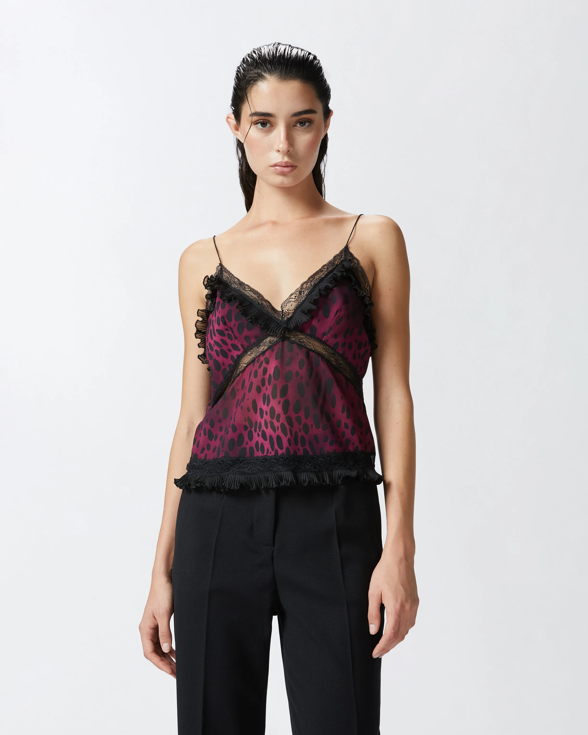  Top leggero stampa macula con pizzo    