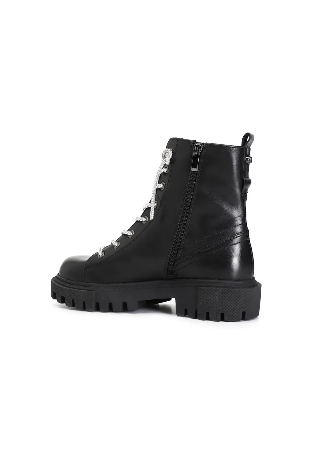 tronchetto donna in pelle con lacci strass nero/cristallo