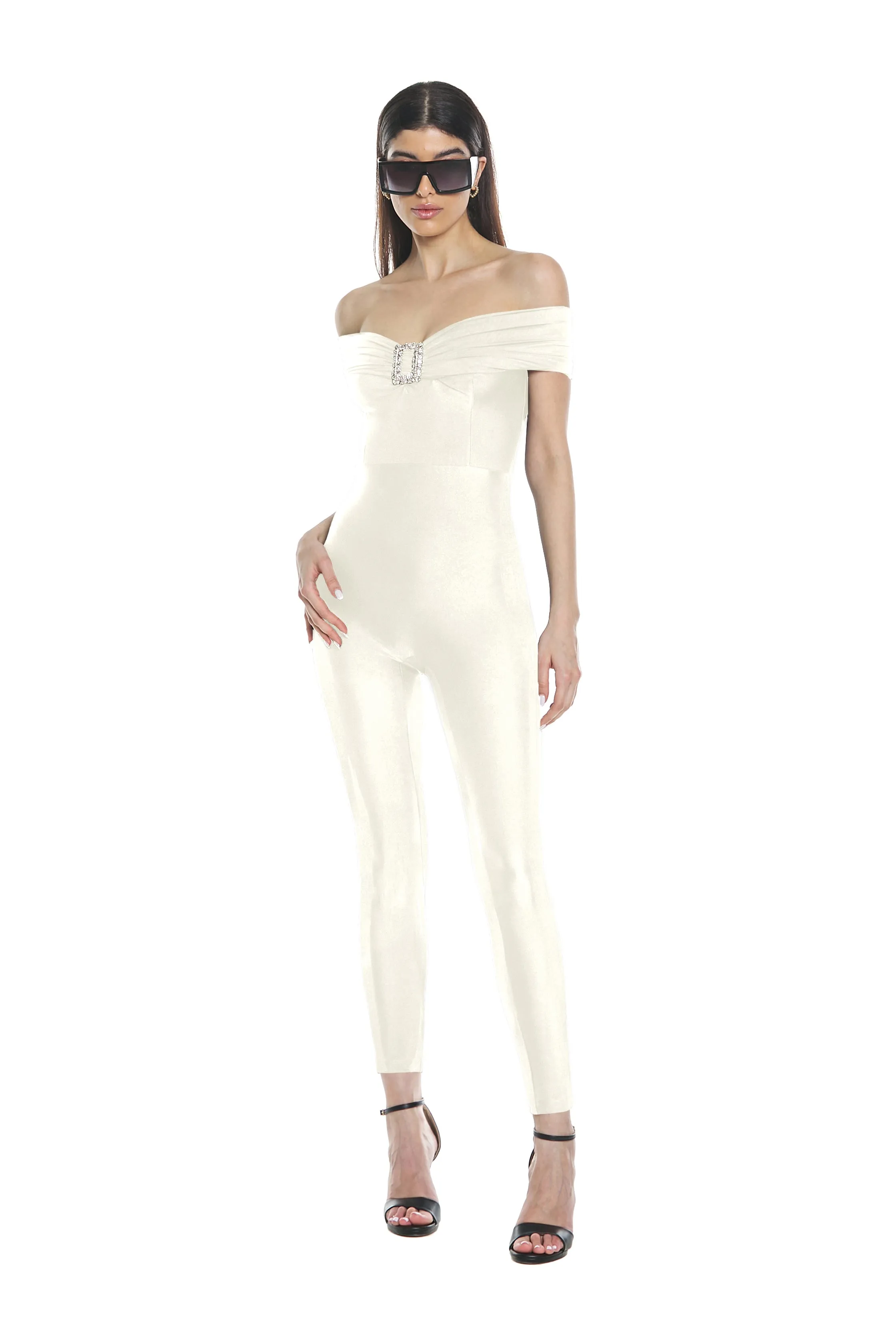Tuta BARDO slim scollo barca tulle con arricci più accessorio strass