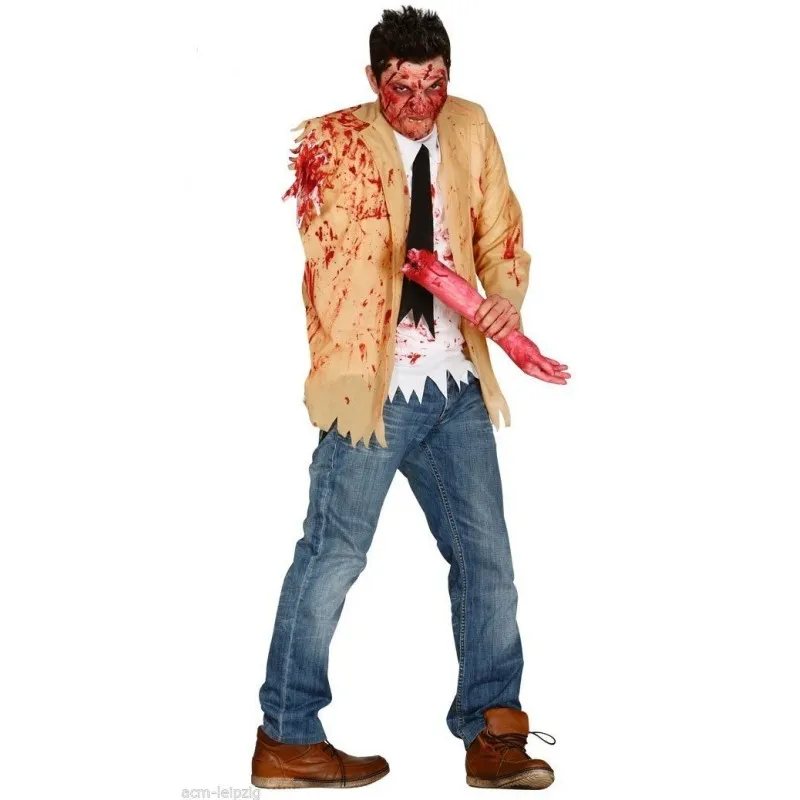 VESTITO ZOMBIE CON BRACCIO AMPUTATO INSANGUINATO COMPLETO DI 3 PEZZI TAGLIA UNICA CARNEVALE HALLOWEEN